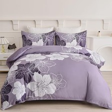 King Duvet Cover Set 3 Piece Purple Flower King 90"x 104" Dark Purple