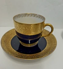 Jean Pouyat Limoges France Gold Encrusted Cobalt Demitasse Cups Saucer