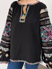 Vyshyvanka Black Cotton Women Blouse Long Sleeve Shirt Ukrainian Style S-3XL