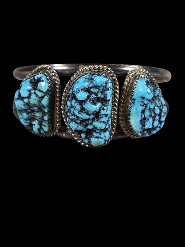 Vintage Sterling Native American Triple Turquoise Cuff Bracelet 6"