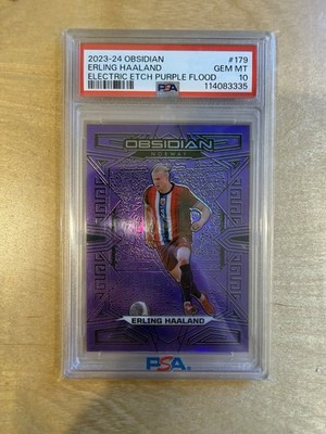 2023-24 Panini Obsidian Erling Haaland Electric Etch Purple Flood /25 PSA 10 JSY