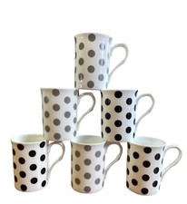 6 polka dot mugs Set white grey black fine bone china tea coffee cup set