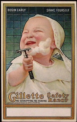 c1910 Gillette Safety Razor Baby Shaving No Stropping Advertising Postcard