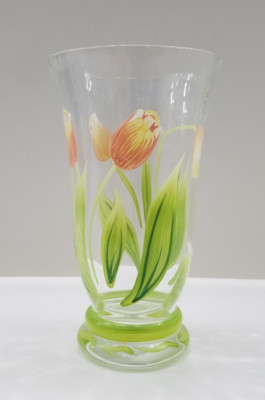 Princess House Cottage Tulip Hand Painted Footed Tumbler Green Yellow Pink 16oz