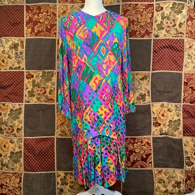 VINTAGE Helga Abstract Rainbow Drop Dress Women s 10 Colorful Pleated Drop Waist