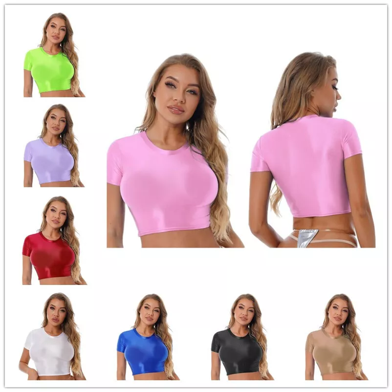 Womens Glossy Short Sleeve Crop Top Summer T-shirt Yoga Sports Swim Club  Bra Top