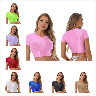 Womens Glossy Short Sleeve Crop Top Summer T-shirt Yoga Sports