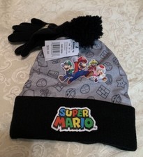 Kid's Youth Super Mario Beanie Winter Hat Gloves Set w/ Pom Pom - New One Size
