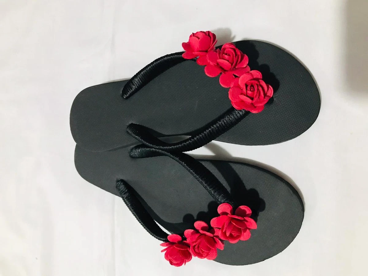 Ladies Slippers Flower Flat Red Design Rubber Flip-Flop Casual Slippers  Size 5