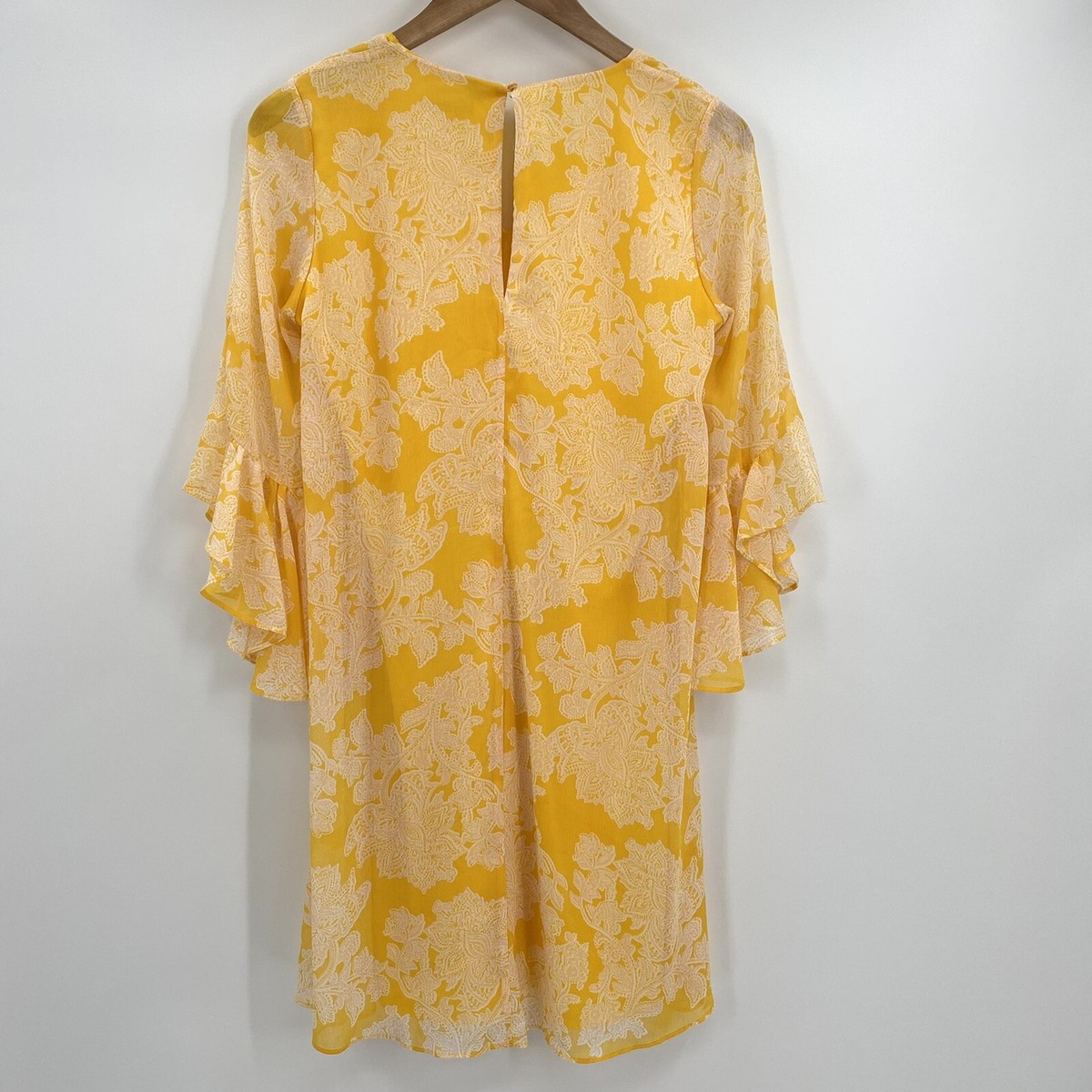 Calvin Klein Yellow Floral Mini Dress Flare Sleeves V-Neck Size 4