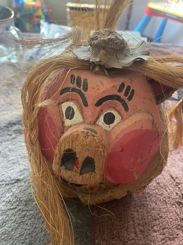Folk Art Carved Painted Coconut shell PIG Tiki Bar Decor Bank