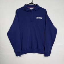 CHAMPION Shirt Mens Small Blue Spellout Logo Rugby Heavy Polo Long Sleeve Logo