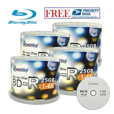 200 Pcs SmartBuy Blank BD-R BDR 6X 25GB Logo Top Blu-ray Recordable Media Disc