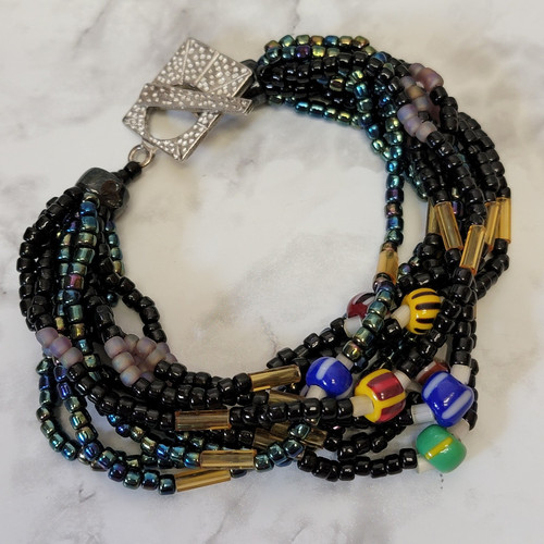 Black Multi Strand Beaded Bracelet Seed Beads Multicolor Boho Funky Statement - Picture 1 of 6
