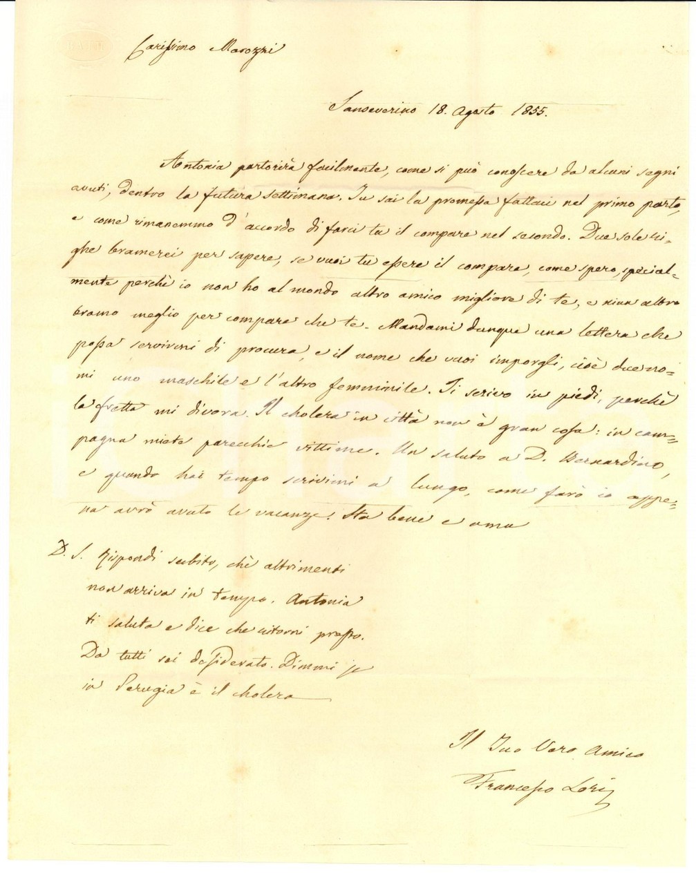 1855 SAN SEVERINO MARCHE (MC) Francesco LORI cerca un padrino Autografo