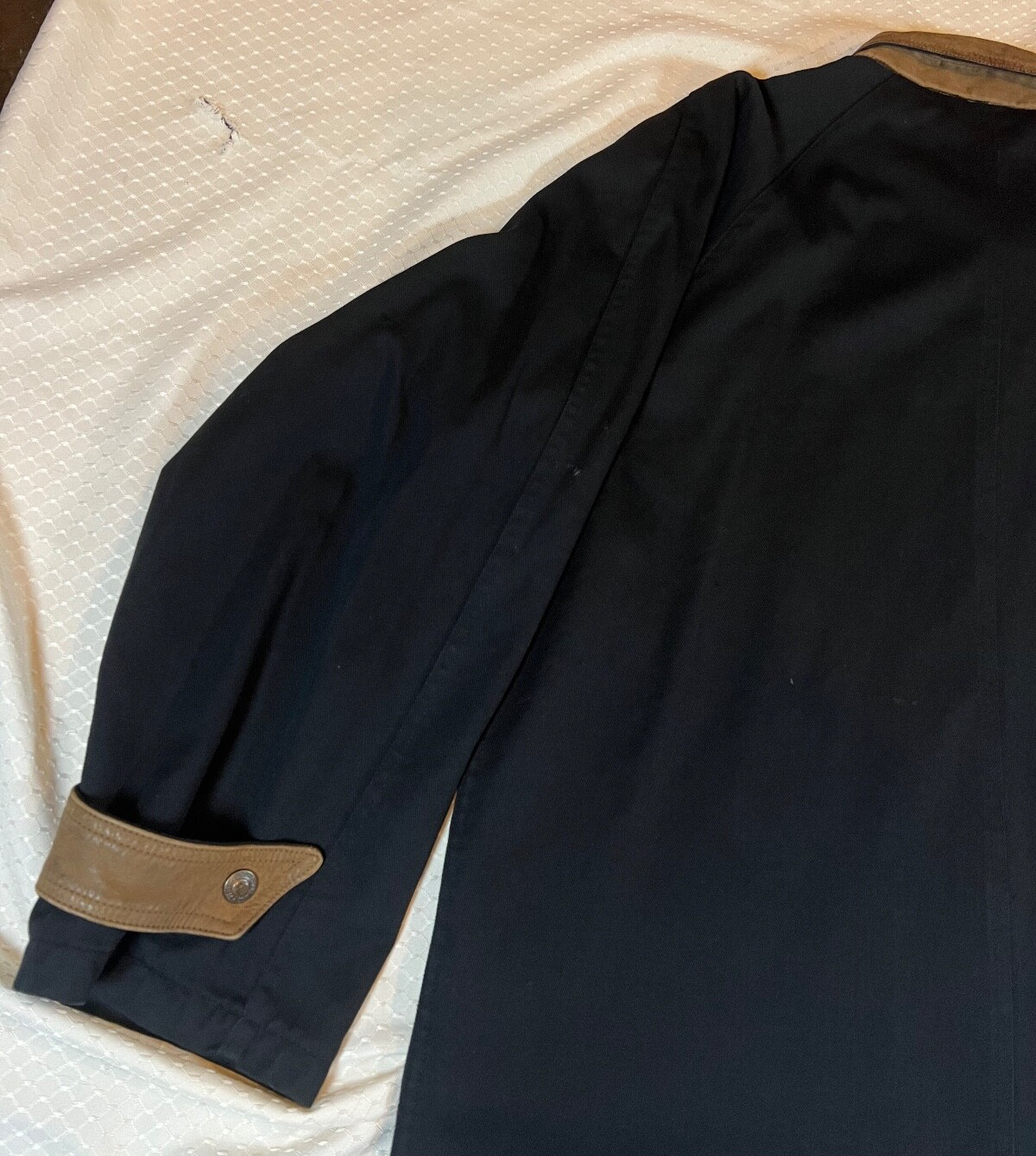 Mens S Vintage Overland Outfitters Long Trench Coat Black Leather Trims Button image 10