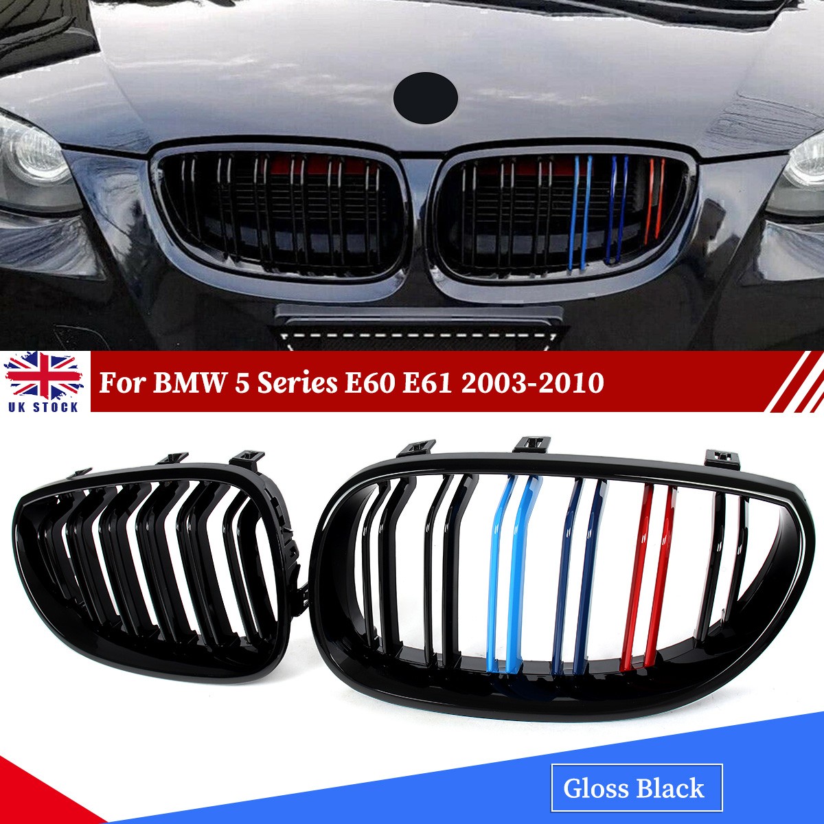 FOR BMW E60 E61 M5 STYLE FRONT KIDNEY GRILLE DOUBLE SLAT GLOSS BLACK 2003-2009