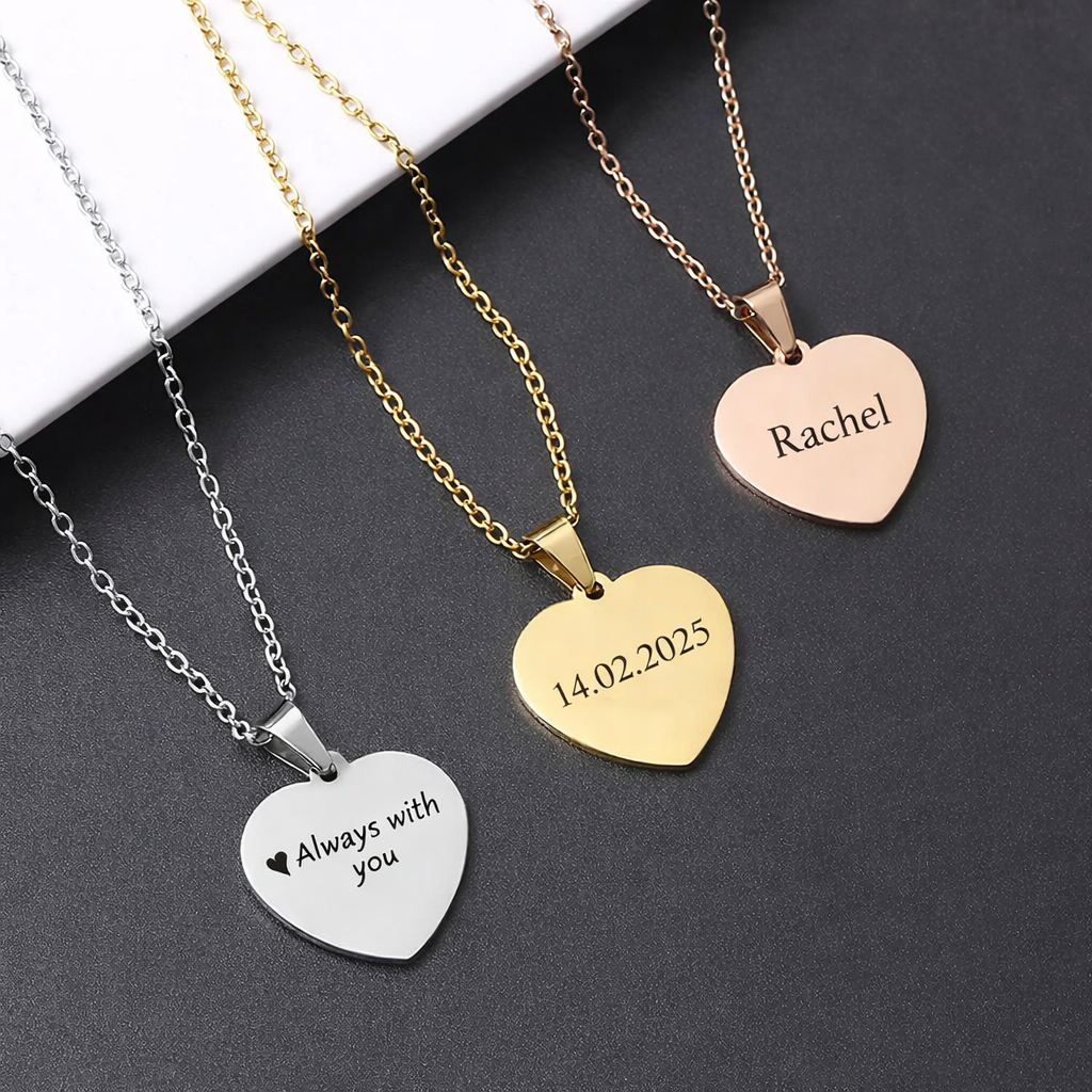 Personalised Heart Necklace Engraved Custom Name Pendant Gift Engraved Gift