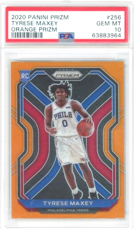 2020 PANINI PRIZM TYRESE MAXEY #256 ORANGE PRIZM #D/49 REFRACTOR ROOKIE PSA 10