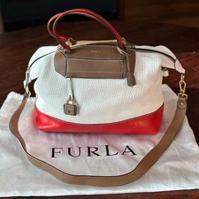 Authentic FURLA Satchel Bag in White, Brown, and Red Leather—Limited Edition!