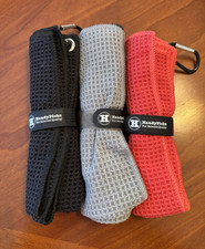 Handy Picks Cotton Waffle Weave Golf Bag Towels w/ Clip 3-Pack Black Gray Red