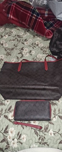Coach Signature Brown/Red Zip Tote Bag Double Handles with Wristlet