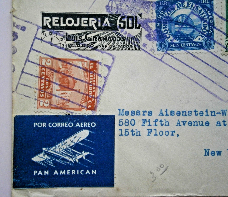 Cubierta de correo aéreo EL SALVADOR 1933 de El Salvador - Ciudad de Nueva York con cancelación de dos aviones Foto 2 de 4