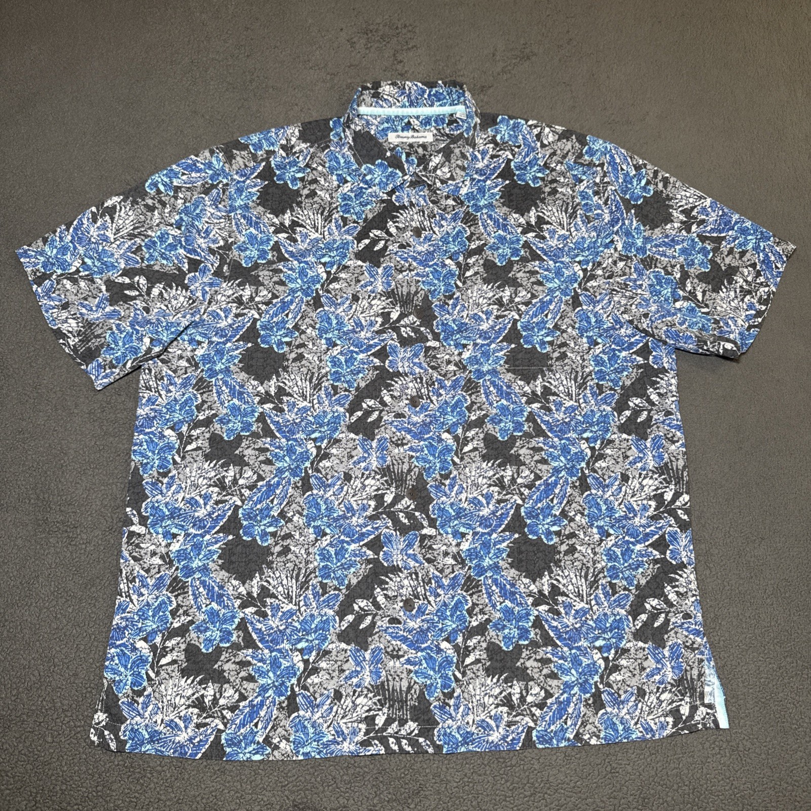 Tommy Bahama Shirt Mens XL Blue Black Island Zone Silk Hawaiian Camp Floral Cool