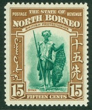 SG 311 North Borneo 1939. 15c blue-green & brown. A fine fresh unmounted mint...
