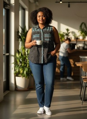 Anthropologie Akemi + Kin XS Black Sleeveless Button-Down Top Blue Geometric Ray