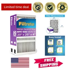 Electrostatic 20x25x4 Air Filters, MPR 1550, Certified 2-Pack for Allergy Relief