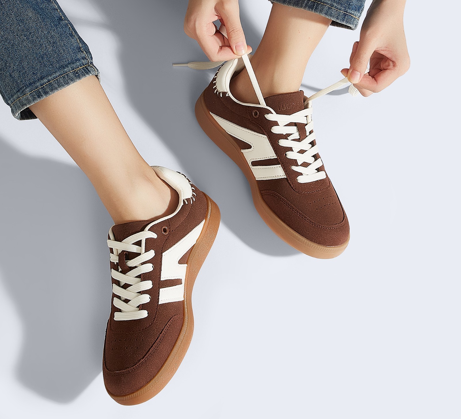 LUCKY STEP Women Classic Retro Gum Sole Fashion Sneakers Genuine Leather Trainer