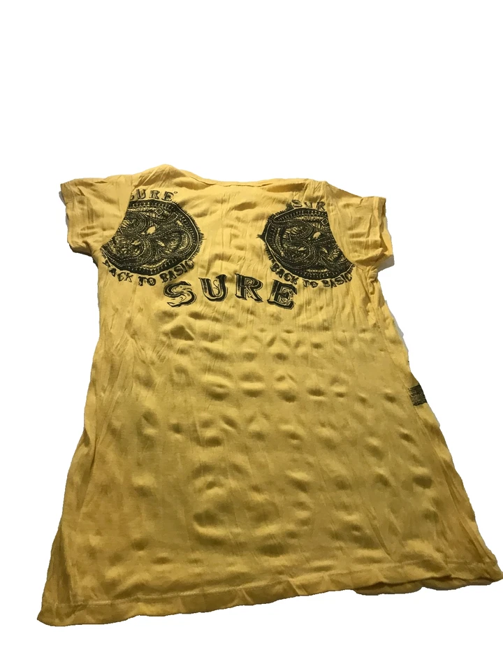 Camiseta masculina tibetana Sure Om amarela ioga algodão enrugado hippie pequena - Imagem 2 de 4