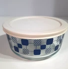 Pyrex 7201 1 Qt Glass Bowl Blue Geometric Squares w/ 7201-PC Lid USA