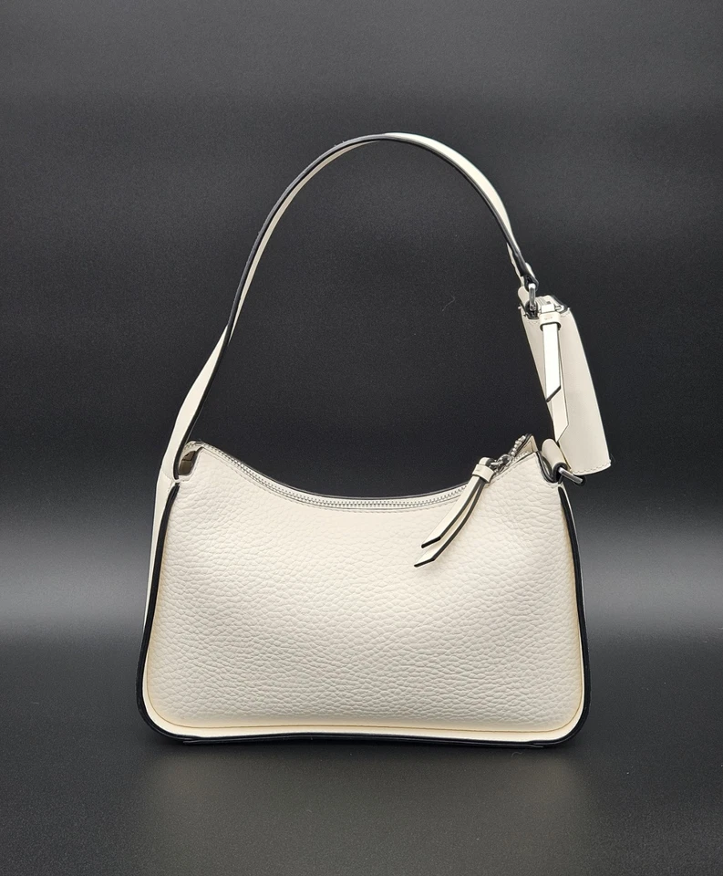 New Calvin Klein White Ivory Faux Leather Shoulder Bag, Key Pocket, Black Piping - Image 2 of 4