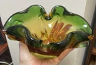 Vintage J.I. Co. Murano Italy Art Glass Ashtray Bowl Venetian w Label Green Gold