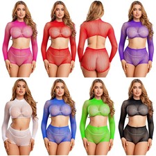 Women Crop Top And Shorts Set Bikini Fishnet Adult Two Piece Party Outfit Mesh