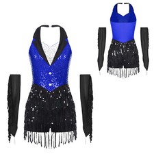 Women Dance Outfit Disco Leotard Cosplay Bodysuit Sequined Tassels Latin Samba