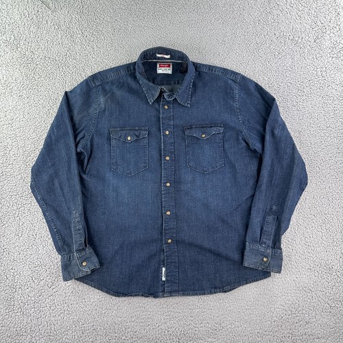 Wrangler Shirt Mens Large Slim Fit Indigo Stretch Blue Denim Pearl Snap - Imagen 2 de 8