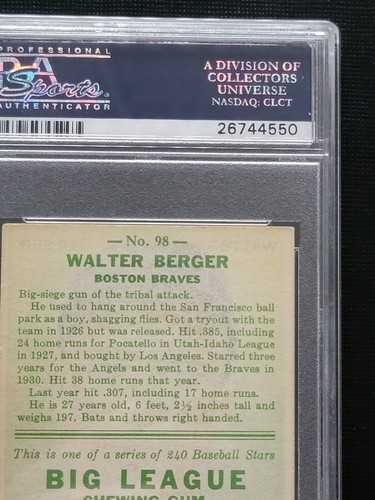 Walter Berger 1933 Goudey PSA 4 VG-EX(MC) Baseball Card #98 - Picture 8 of 10