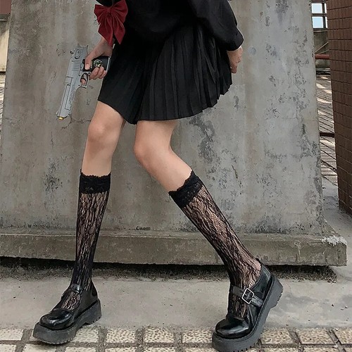 Calzino donna pizzo floreale Lolita calza maglia trasparente lunghezza metà polpaccio sexy punk gotico - Foto 11 di 32