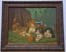DISTRUSTFUL circa 1900 Chromolithograph, Framed, Cats, Kittens, EXCELLENT Color