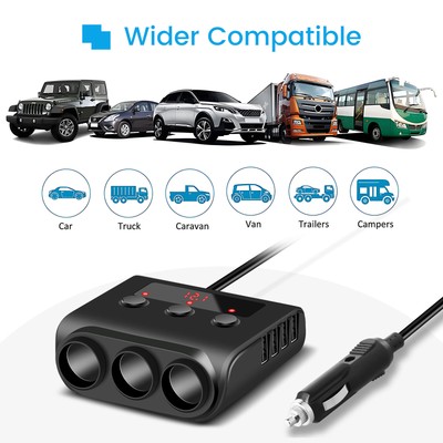 12V 24V Car Car Adapter 3 Way Cigarette Lighter Distributor with 4 USB Outlet