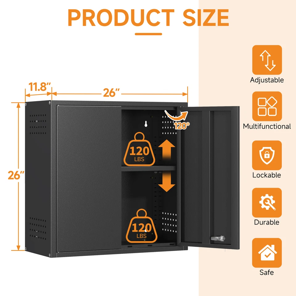 Gabinete de almacenamiento de pared de metal con capacidad de 240 libras y puertas de bloqueo para garaje hogar Foto 2 de 4