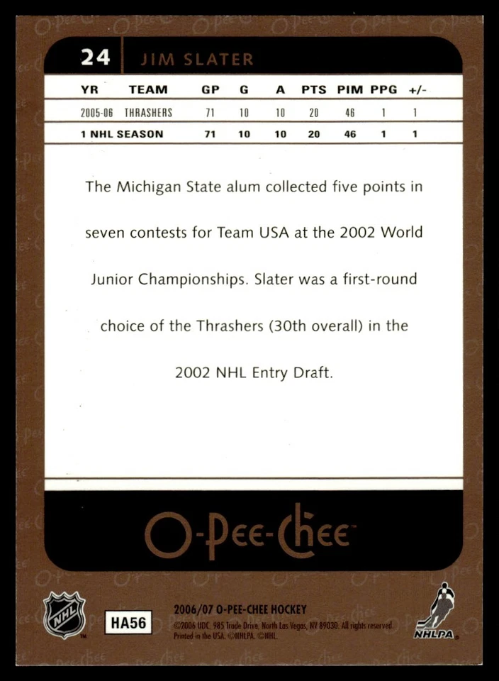 2006-07 O-Pee-Chee Rainbow Jim Slater /100 Atlanta Thrashers #24 . - Image 2 of 2