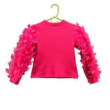 Shein Girls Size 7-8 Pink Ribbed Butterfly Chiffon Applique Puff Sleeve Sweater