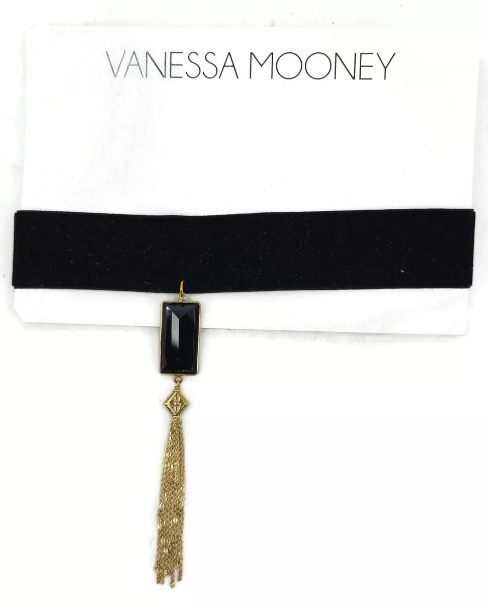 New Vanessa Mooney Claudia Choker Black Velvet Gold Pendant Fringe