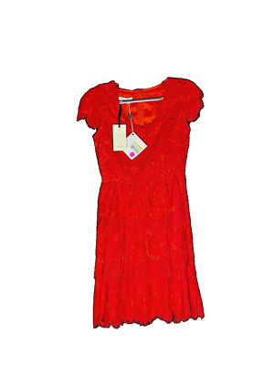 By Malina Women's Red Lace Short Sleeve Fitted Bodycon Dress Size S NWT