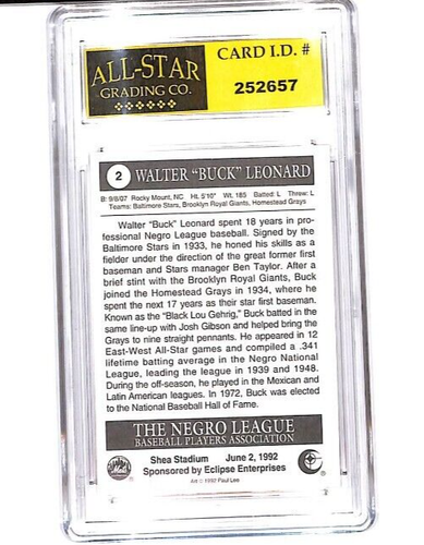 1992 Eclipse Shea Stadium Negro Leagues Buck Leonard #2 HOF ASG 8 EX # T - Picture 2 of 2