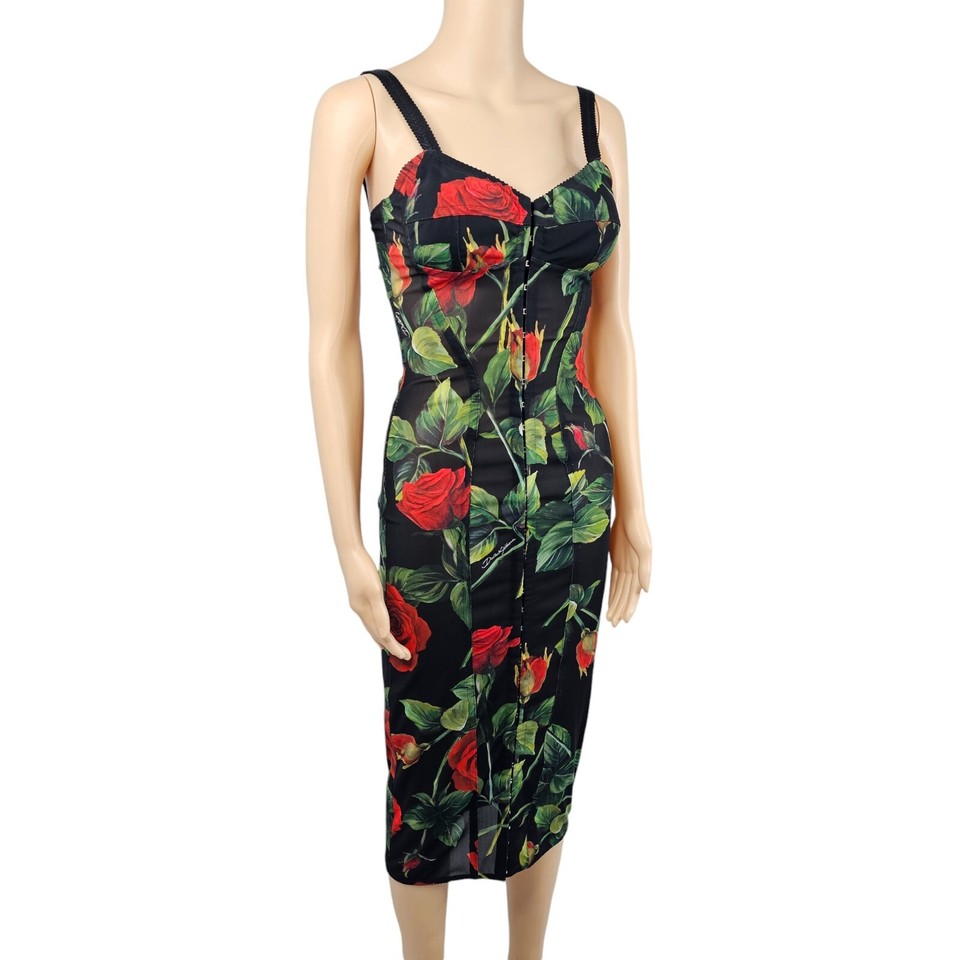Dolce & Gabbana Womens Black Rose Print Bustier Pencil Dress Size 36